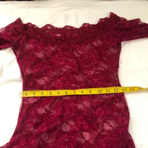 Burgundy red off shoulder sheer lace scallop hem mini dress long sleeves#whimsygoth #gothic-M/L Measurement in pics thumbnail 5