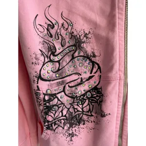 Bejeweled by Susan Fixel Pink Tattoo Graphic Rhinestone Zip Up Hoodie Womens y2k thumbnail 5