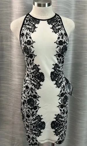 B Darlin White Halter Mini Dress with Black Lace Print thumbnail 1
