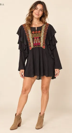Free People Black Embroidered Ruffle Sleeve Mesh Tunic Top XS OB548394 thumbnail 1