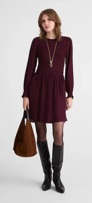 Madewell Long-Sleeve Smocked Mini Dress Dark Pomegranate Crepe Large NWT thumbnail 1