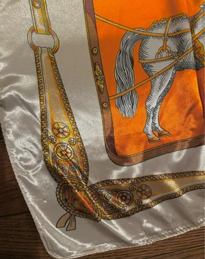 VINTAGE Equestrian ivory/ORANGE Horses&Tassels Print silky Scarf 35’/35’ thumbnail 4
