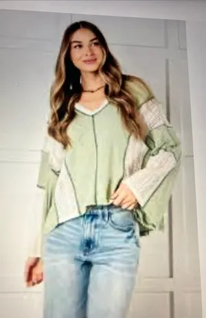 Patchwork Sage waffle Knit V thumbnail 1