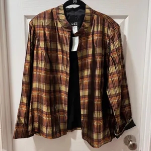 MSK‎ Plaid Open Front Jacket Blazer Brown Gold Metallic Shimmer Evening Wear-XL thumbnail 1