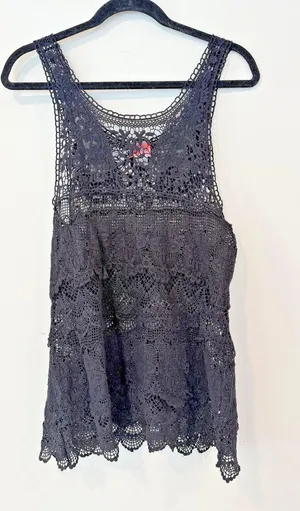 Free People Y2k Lace Macrame Crochet Black Festival Top size XS thumbnail 1