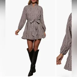 VICI Sweet‎ Autumn Plaid Belted Long Sleeve Mini ShirtDress Brown & Cream Large thumbnail 9