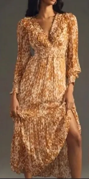 NWT Anthropologie Odetta Ruffled V Neck Maxi Dress Leopard Orange Size XS thumbnail 1