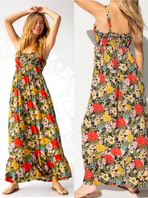 Natural Life Elizabeth Maxi Dress Black Red Poppy Floral Bohemian Hippie Boho thumbnail 2