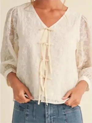 Boho Bow Tie Textured Lace Top (Ivory) Jodifl Large NWT thumbnail 1
