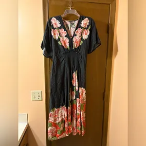 Anthropologie Blank London Tatiana Black & Pink Floral Kaftan Midi Dress thumbnail 3