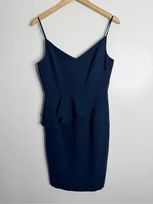 Black Halo Navy Peplum Sheath Dress V Neck Ruffle Cocktail Wedding Guest Size 8 thumbnail 2