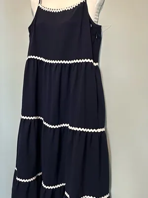 BTFBM Tiered Midi Dress Navy/ White Rick Rack Trim adjustable straps size Small thumbnail 5