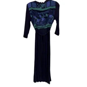 Vintage Blue Crepe Midi Dress Womens 8 80s Embroidered Short Sleeve Green Fall thumbnail 2