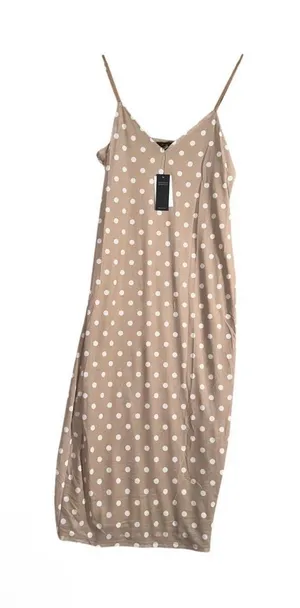 NEW AFRM Midi Dress Women Sz Large Tan Polka Dot Lined Mesh Spaghetti Strap thumbnail 1
