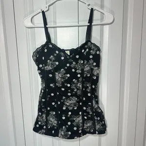Floral Lace Corset Cami Top Black Polka Dot Med Fairy Grunge Whimsigoth Coquette thumbnail 2