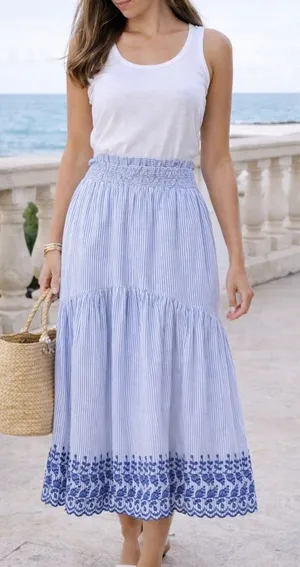 Tuckernuck Cinzia Blue Stripe Eyelet Midi Skirt Medium NWT thumbnail 1