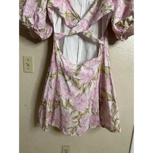 Amalie the Label Linen Blend Floral Puff Sleeve Crossover Cutout Mini Dress 16 thumbnail 5