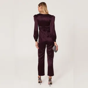 NWT Mac Duggal Front Twist Puff Sleeve Deep V Jumpsuit Size 2 Plum #2647 thumbnail 3