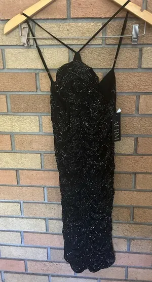 NWT AFRM Black Rhinestone Mini Rouched Cocktail Dress w/ Flower Size Small HOCO thumbnail 1