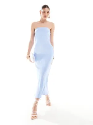Bershka satin bandeau maxi dress in dusty blue small thumbnail 2