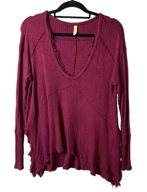 Free people red sunset park v neck thermal top women's size‎ XS oversized thumbnail 1