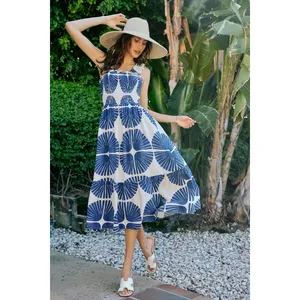 SO ME Abstract Print Smocked Bodice Tiered Lined Midi Dress - Navy - Large thumbnail 16