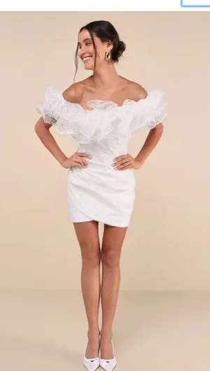 Lulus Angelic Trend White Embroidered Ruffled One-shoulder Mini Dress thumbnail 1