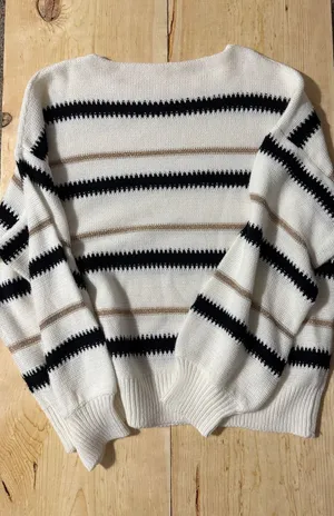 Womens XL Striped Knit Sweater White Black Gold Metallic Boat Neck‎ thumbnail 1