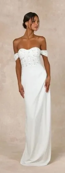 Lulus Immensely Charming White Mesh Pearl Bustier Maxi Dress‎ Size L thumbnail 1