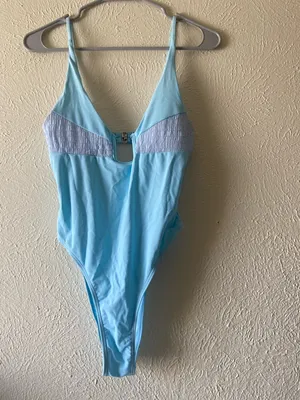 Light Blue One-Piece Swimsuit with Front Accents thumbnail 2