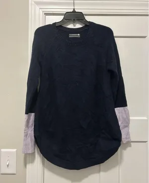 Anthropologie Knit Tunic Womens XS Oversized Blue Pink Trim Outdoors Cabincore thumbnail 1
