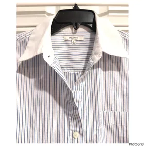 Madewell Easy Y-Neck Poplin Button Shirt Blue White Stripe Preppy Fold Cuffs thumbnail 2