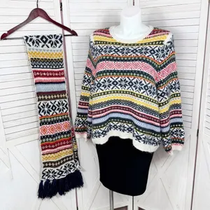 Old Navy Fair Isle Chunky Knit Sweater & Scarf White Multicolor‎ XXL thumbnail 3