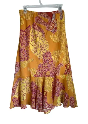 Y2K Orange Paisley Boho Midi Skirt Tiered Vintage‎ Festival Size L thumbnail 1