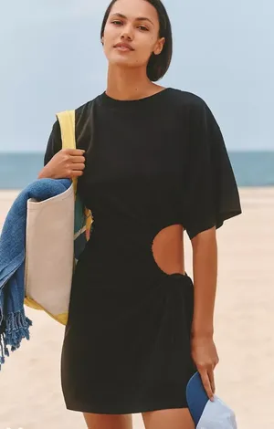 Anthropologie Celandine Large‎ NEW Short-Sleeve Cutout Fitted Mini Dress Black Crew Neck thumbnail 1