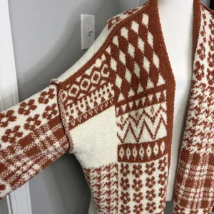 POL Clothing Patchwork Popcorn Knit Cardigan Rust Orange Cream Fringe Small thumbnail 3