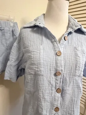 Shein medium Women's Light Blue Gauze Short-Sleeve Top & Shorts Set thumbnail 3