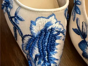 Betsey Johnson White Slingback Block Heels with Blue Floral Embroidery thumbnail 4