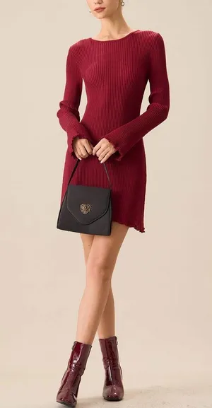 Rihoas Women's Red Bell Sleeve Bodycon Sweater Dress thumbnail 4