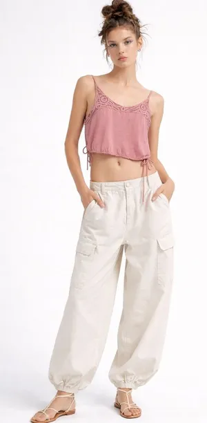 Intimately Free People pale pink satin lace trim side tie cropped camisole. XS thumbnail 1