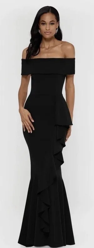 Betsy & Adam BLACK OFF THE SHOULDER Crepe RUFFLE Mermaid GOWN Size 2 Petite thumbnail 1