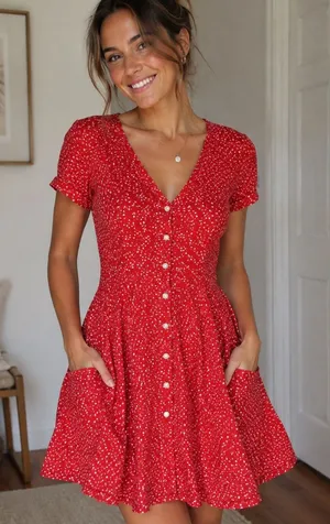 Universal Threads Red Star Pattern Button-Front V-Neck Short Sleeve Dress thumbnail 1
