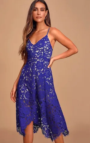 NWT Lulus | One Wish Royal Blue Lace Midi Dress, Large thumbnail 1