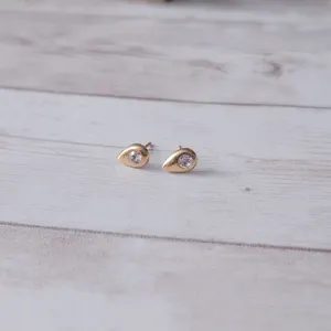 Vintage Stud Earrings Gold Tone & Clear Gem Teardrop Small & Dainty thumbnail 2
