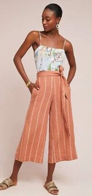 Anthropologie‎ Orange Striped Portia Linen Wide Leg Tie Waist Pants thumbnail 1
