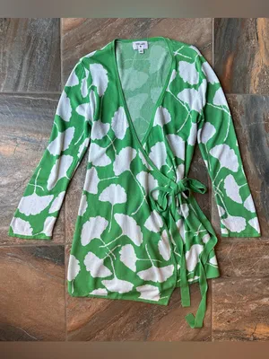 DVF for Target Ginkgo Leaf Green Knit Wrap Dress Mini Sweater Dress Medium M thumbnail 12