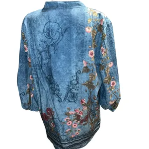 Blue faded look top with floral design. thumbnail 4