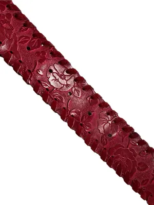 Red Floral Embossed Leather Belt Whipstitch Edges Silver Buckle Wide thumbnail 6