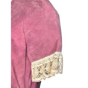 Vintage Pink Suede Lace Trim Western‎ Prairie Blouse Peplum Romantic Leather Top thumbnail 3