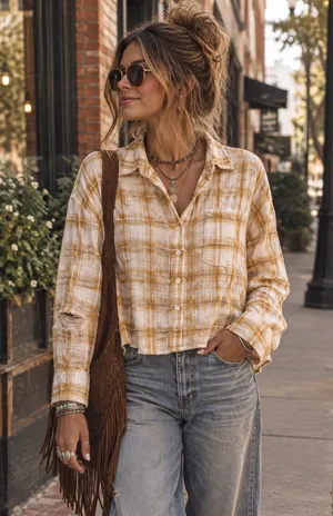 NWT American Eagle Outfitters Mustard Plaid Button-Down Shirt thumbnail 1
